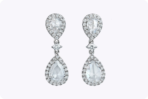1.42 Carats Total Pear Shape Rose Cut Diamond Dangle Earrings in White Gold