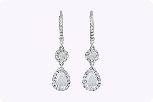 1.12 Carats Total Pear & Round Shape with Rose Cut Diamond Dangle Earrings in White Gold