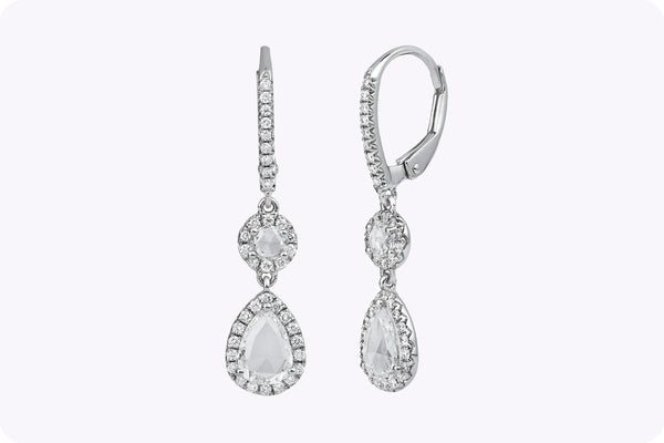 1.12 Carats Total Pear & Round Shape with Rose Cut Diamond Dangle Earrings in White Gold