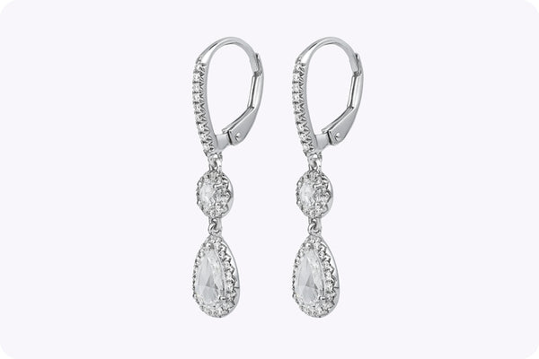 1.12 Carats Total Pear & Round Shape with Rose Cut Diamond Dangle Earrings in White Gold