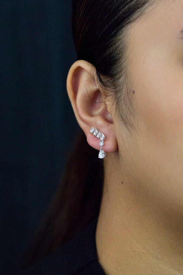 1.49 Carats Total Pear & Round Cut Diamond Crawler Earrings in White Gold
