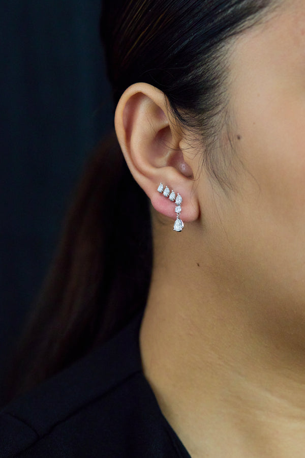 1.49 Carats Total Pear & Round Cut Diamond Crawler Earrings in White Gold