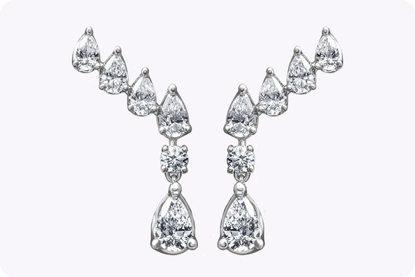1.49 Carats Total Pear & Round Cut Diamond Crawler Earrings in White Gold