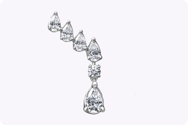 1.49 Carats Total Pear & Round Cut Diamond Crawler Earrings in White Gold