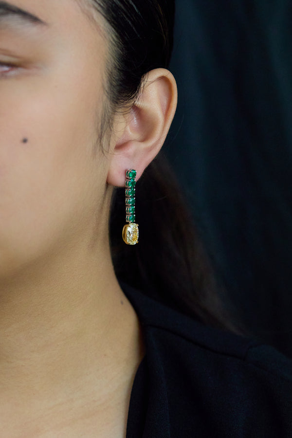 6.15 Carat Mixed Cut Diamond and Emerald Drop Earrings in Platinum
