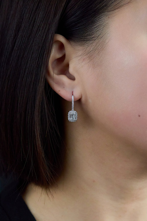 1.99 Carat Cushion-Cut Diamond Halo Dangle Earrings in White Gold