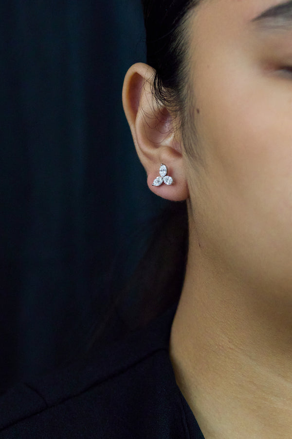 Oval Cut Diamond Floral Stud Earrings in Platinum