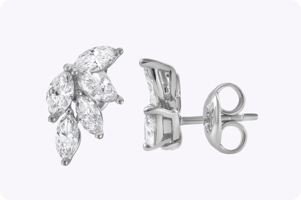 4.18 Carats Total Marquise-Cut Diamond Cluster Stud Earrings in White Gold