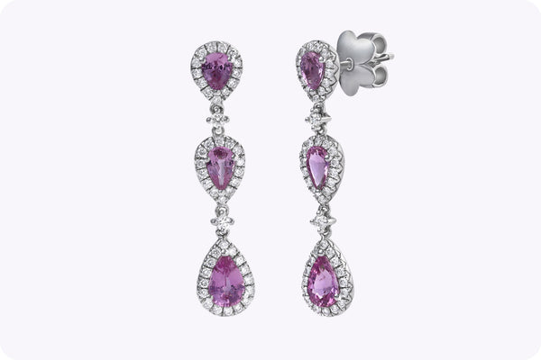 2.06 Carats Total Pear-Shaped Pink Sapphire and Diamond Drop Earrings in White Gold