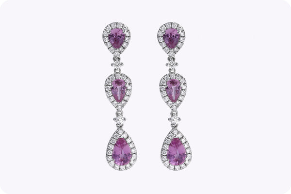 2.06 Carats Total Pear-Shaped Pink Sapphire and Diamond Drop Earrings in White Gold