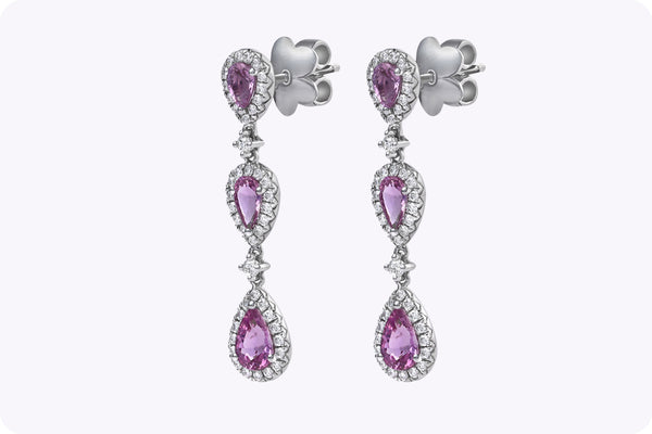 2.06 Carats Total Pear-Shaped Pink Sapphire and Diamond Drop Earrings in White Gold