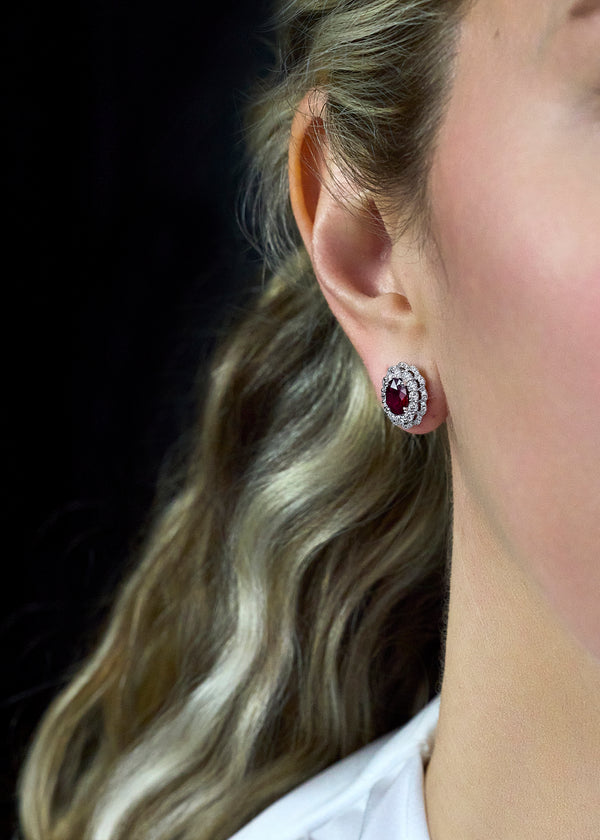 1.72 Carats Total Oval-Cut Ruby and Diamond Double Halo Earrings in White Gold