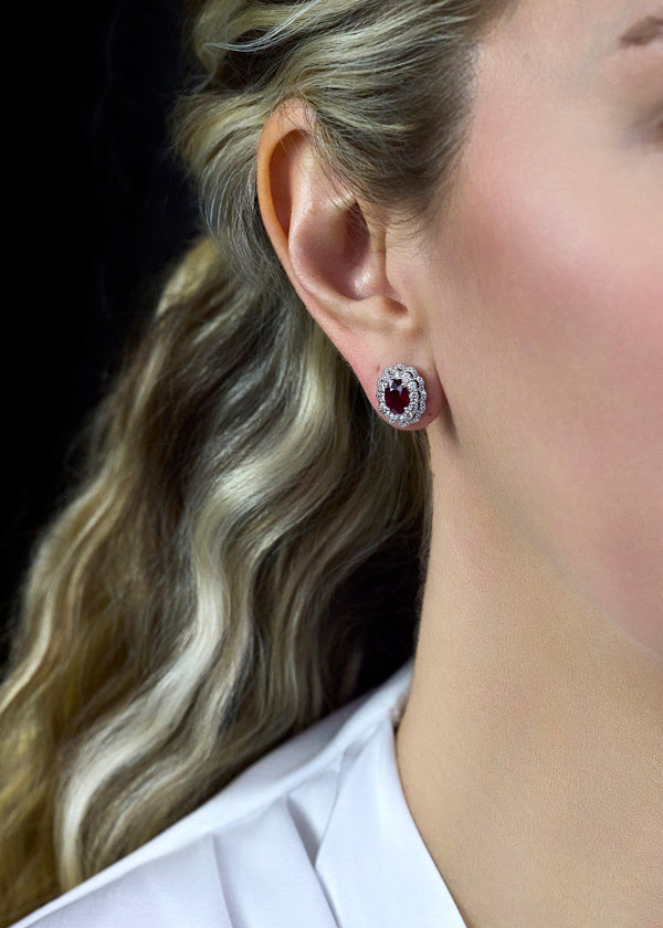 1.72 Carats Total Oval-Cut Ruby and Diamond Double Halo Earrings in White Gold