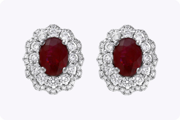 1.72 Carats Total Oval-Cut Ruby and Diamond Double Halo Earrings in White Gold