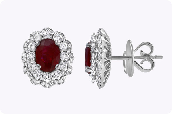 1.72 Carats Total Oval-Cut Ruby and Diamond Double Halo Earrings in White Gold