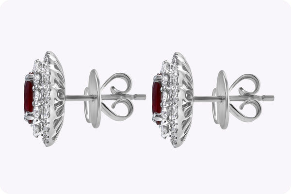 1.72 Carats Total Oval-Cut Ruby and Diamond Double Halo Earrings in White Gold