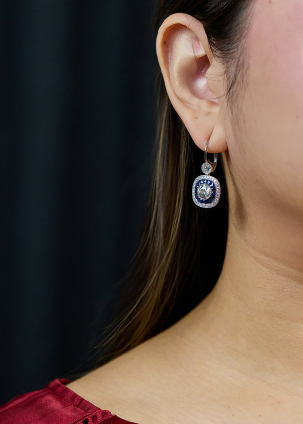 Antique 5.22 Carats Total Old European Cut Diamond & Sapphire Double Halo Dangle Earrings in White Gold & Platinum