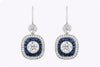 Antique 5.22 Carats Total Old European Cut Diamond & Sapphire Double Halo Dangle Earrings in White Gold & Platinum