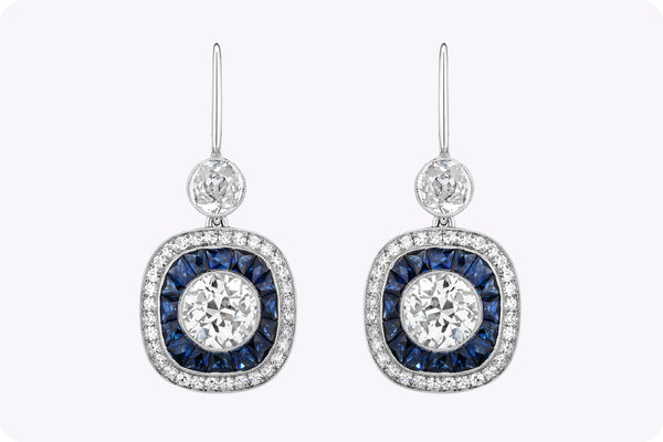 Antique 5.22 Carats Total Old European Cut Diamond & Sapphire Double Halo Dangle Earrings in White Gold & Platinum