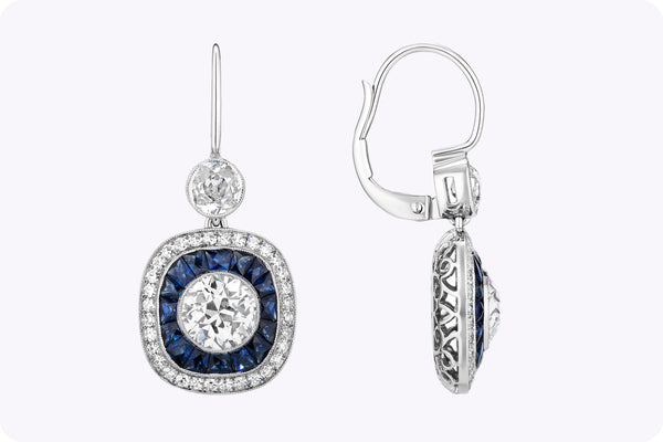 Antique 5.22 Carats Total Old European Cut Diamond & Sapphire Double Halo Dangle Earrings in White Gold & Platinum