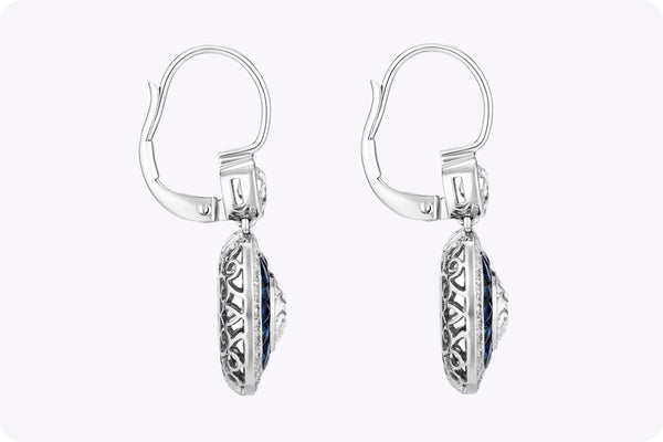 Antique 5.22 Carats Total Old European Cut Diamond & Sapphire Double Halo Dangle Earrings in White Gold & Platinum