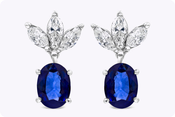 GIA Certified 4.21 Carats Total Oval Cut Sapphire Dangle Earrings  with Diamonds in White Gold