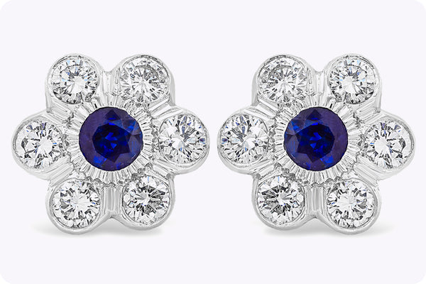 1.33 Carat Round Cut Sapphire with Diamond Flower Stud Earrings in White Gold