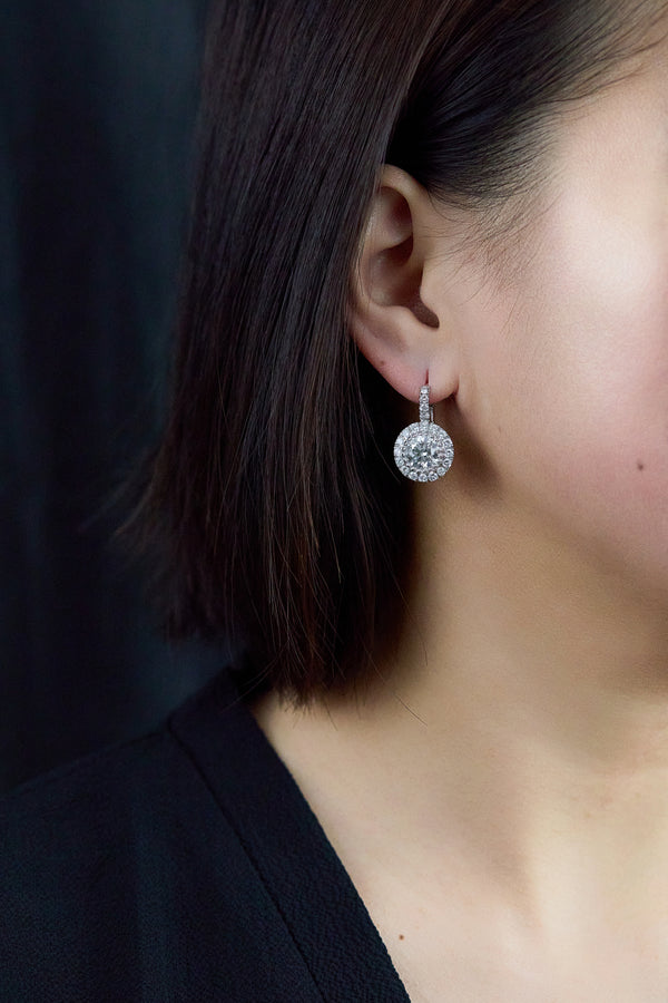 5.54 Carats Total Diamond Halo Drop Earrings in White Gold