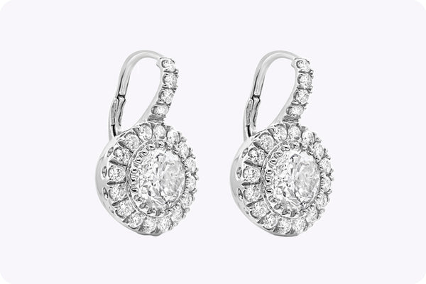 5.54 Carats Total Diamond Halo Drop Earrings in White Gold