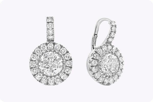 5.54 Carats Total Diamond Halo Drop Earrings in White Gold