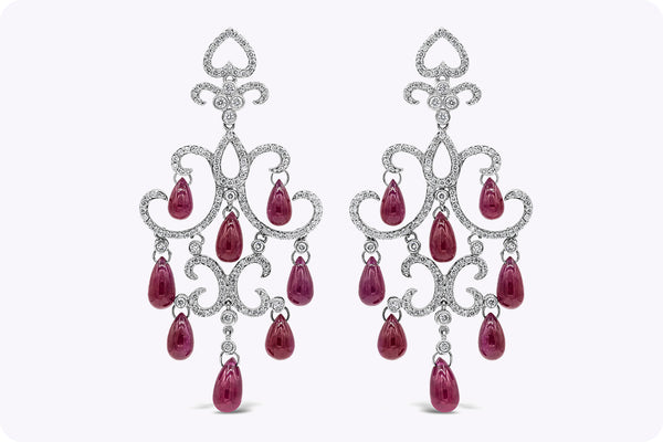 34.10 Carats Total Pear Shape Cabochon Ruby & Diamond Chandelier Earrings in White Gold