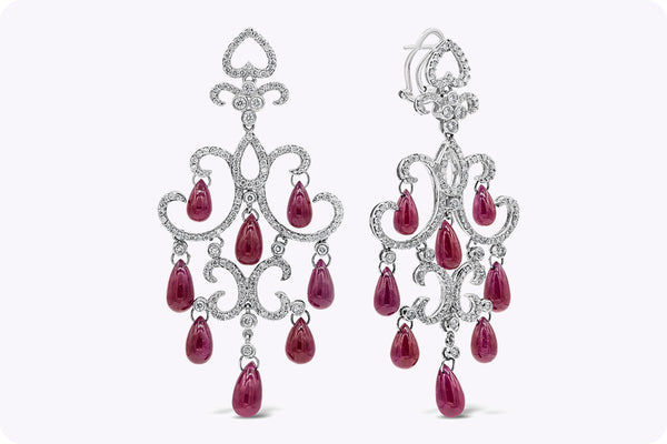 34.10 Carats Total Pear Shape Cabochon Ruby & Diamond Chandelier Earrings in White Gold