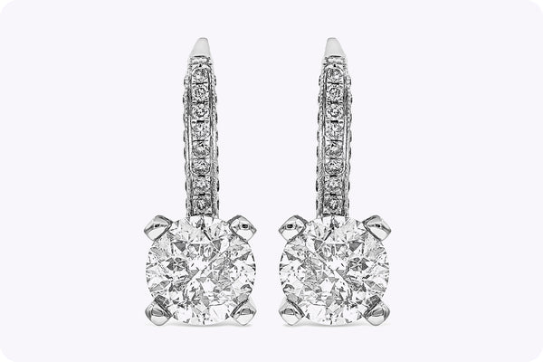 2.08 Carats Brilliant Round Cut Diamond Lever-Back Dangle Earrings in White Gold