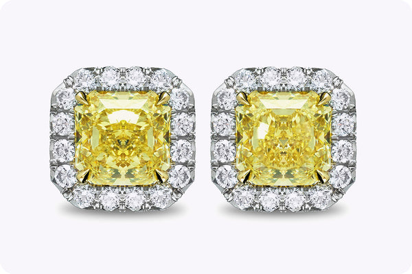 GIA Certified 5.50 Carats Total Radiant Cut Fancy Yellow Diamond Halo Stud Earrings in White Gold & Yellow Gold