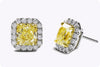 GIA Certified 5.50 Carats Total Radiant Cut Fancy Yellow Diamond Halo Stud Earrings in White Gold & Yellow Gold