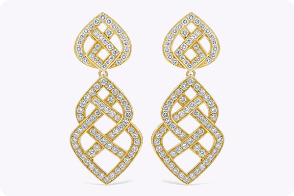 6.44 Carats Total Brilliant Round Diamond Open-Work Weaving Dangle Earrings in Yellow Gold