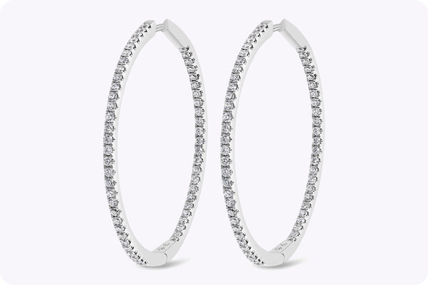 1.52 Carats Total Brilliant Round Shape Diamond Pave Hoop Earrings in White Gold