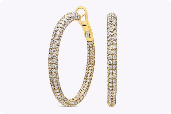 10.58 Carats Total Brilliant Round Cut Diamond Pave Set Hoop Earrings in Yellow Gold