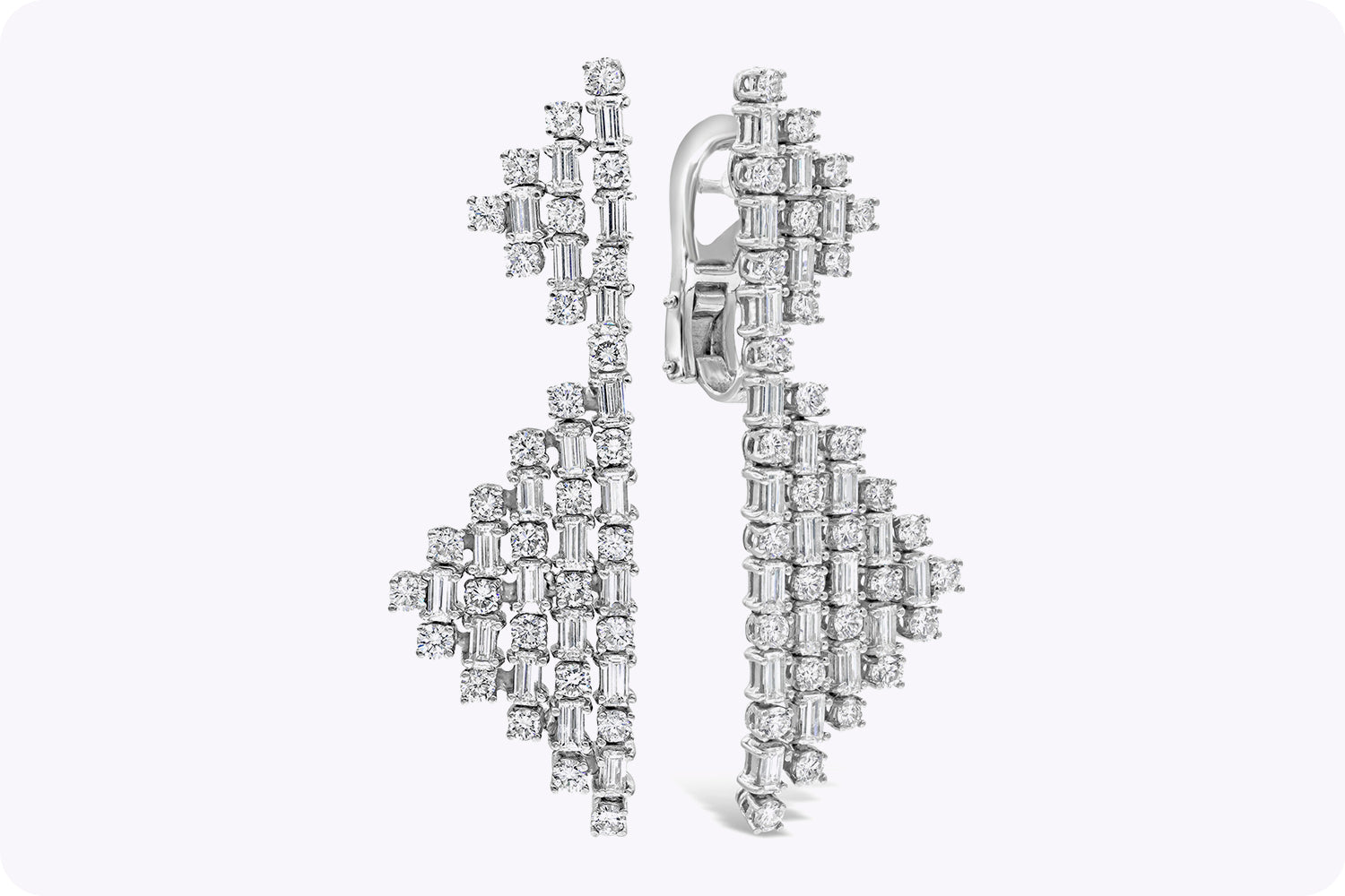 7.41 Carats Total Brilliant Round and Baguette Cut Diamond Geometric Drop Earrings in White Gold