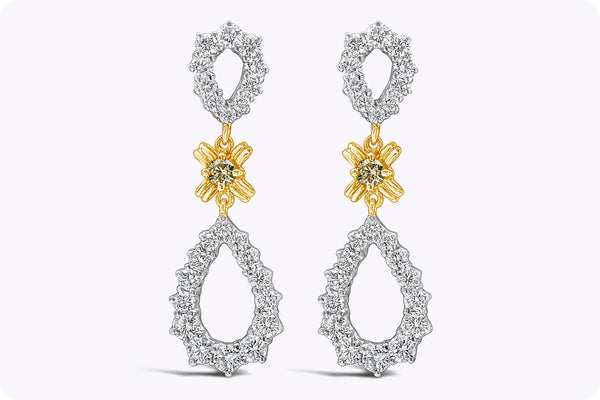 5.23 Carats Total Round Fancy Yellow and White Diamond Open-Work Dangle Earrings in White Gold and Yellow Gold