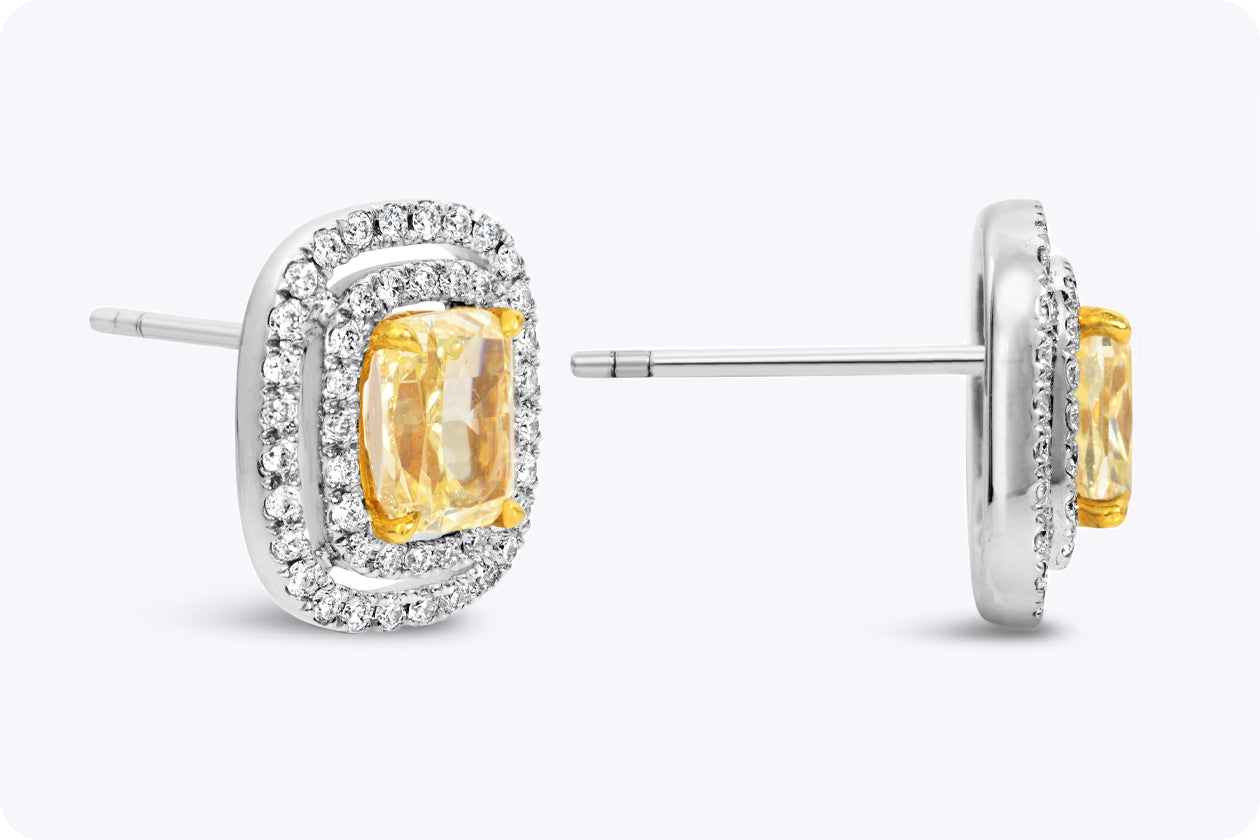 GIA Certified 2.04 Carats Total Cushion Cut Yellow Diamond Double Halo Earrings in Two-Tone Gold