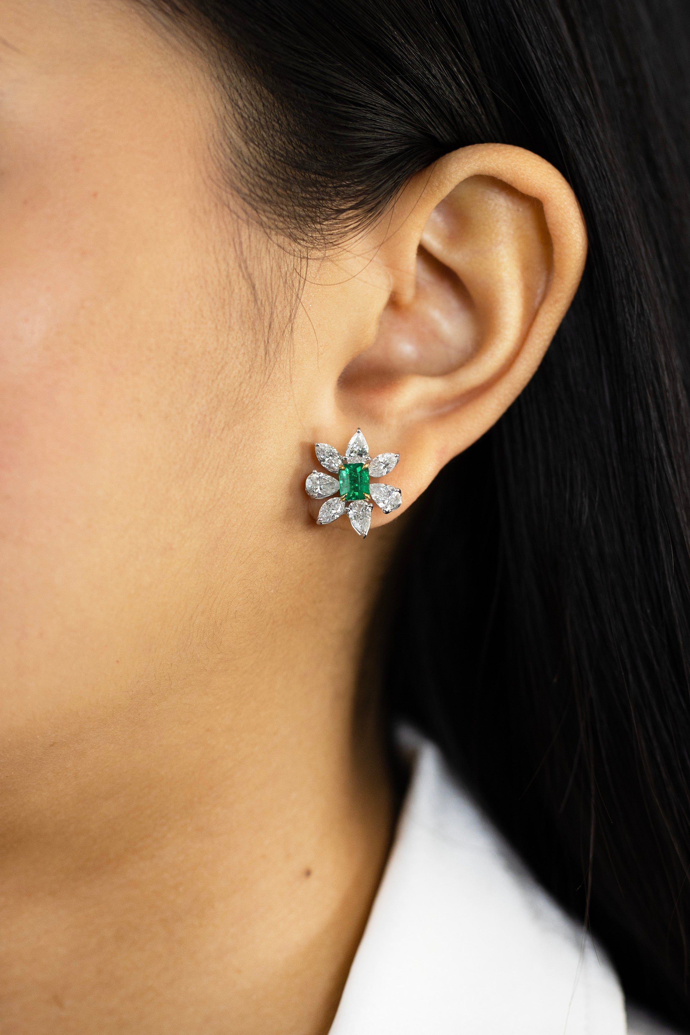 1.17 Carats Radiant Cut Emerald with Mix Cut Diamond Floral Stud Earrings in Two-Tone Gold