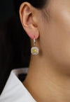 GIA Certified 3.00 Carats Total Radiant Cut Yellow Diamond Double Halo Dangle Earrings in Two-Tone Gold