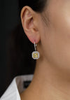 GIA Certified 3.00 Carats Total Radiant Cut Yellow Diamond Double Halo Dangle Earrings in Two-Tone Gold