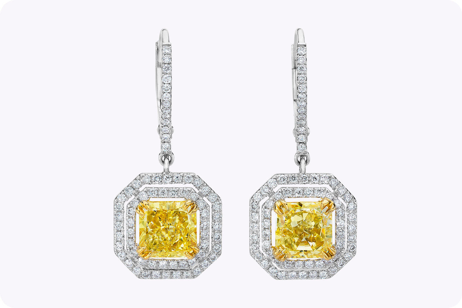 GIA Certified 3.00 Carats Total Radiant Cut Yellow Diamond Double Halo Dangle Earrings in Two-Tone Gold