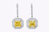 GIA Certified 3.00 Carats Total Radiant Cut Fancy Light Yellow Diamond Double Halo Dangle Earrings in White Gold and Yellow Gold