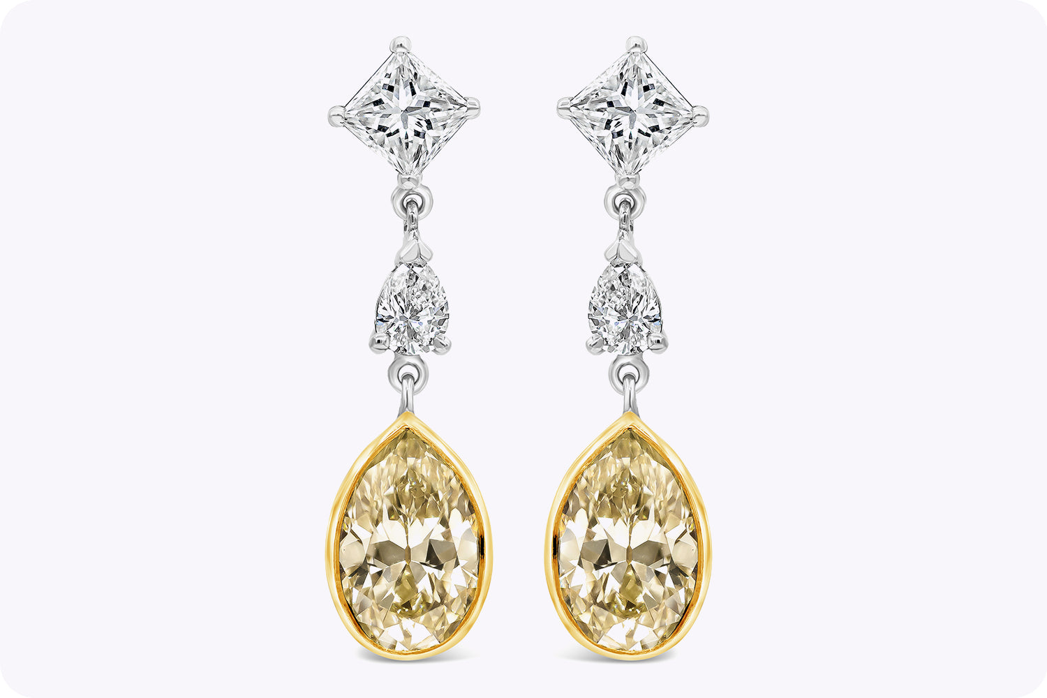 2.46 Carats Total Pear Shape Yellow & White Diamond Dangle Earrings in White Gold