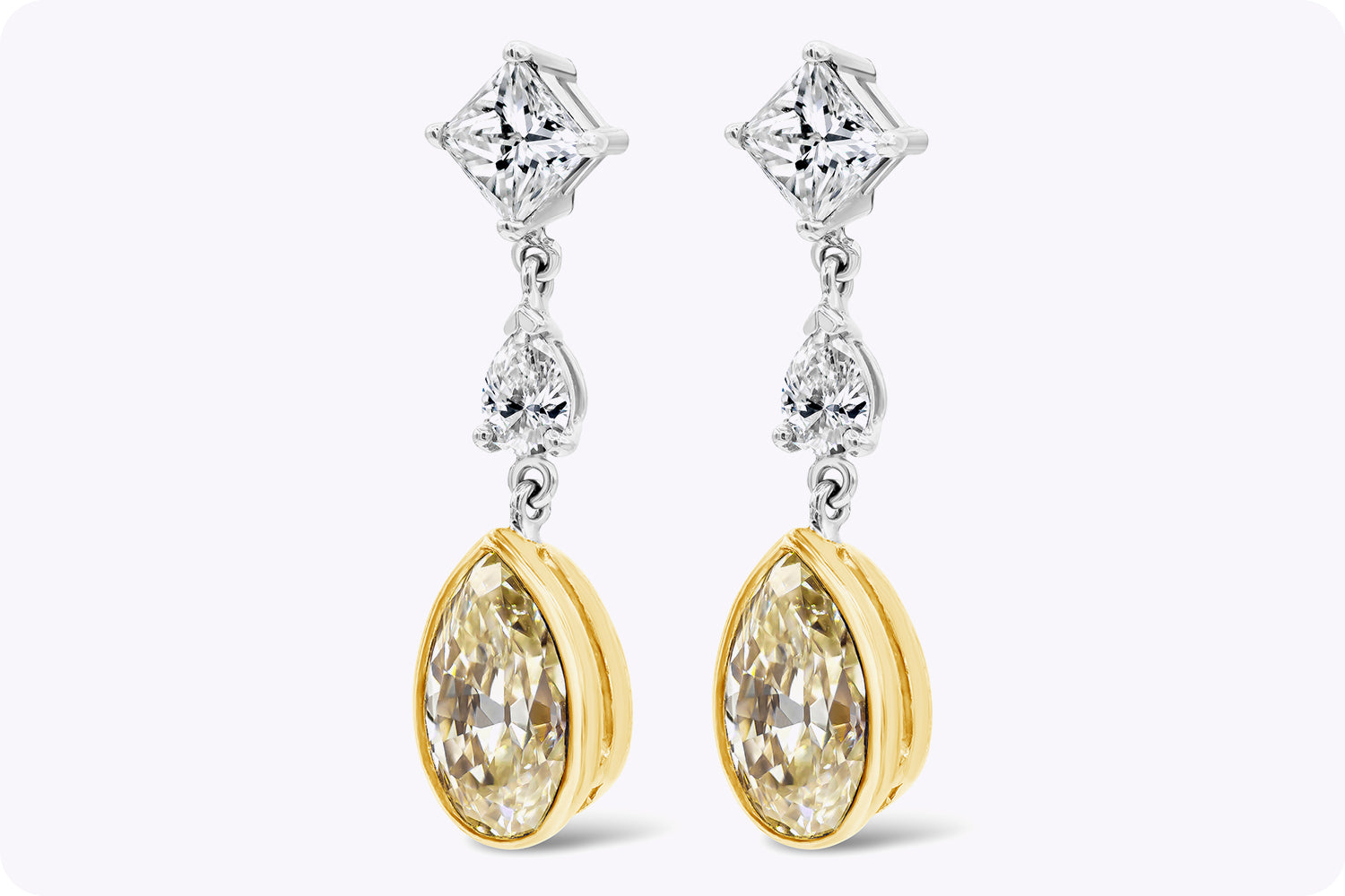 2.46 Carats Total Pear Shape Yellow & White Diamond Dangle Earrings in White Gold