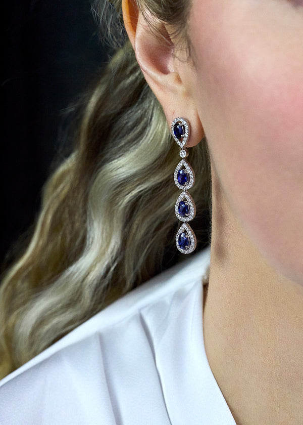 4.78 Carats Total Oval-Cut Sapphire & Diamond Drop Earrings in White Gold
