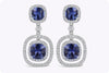 3.96 Carats Cushion Cut Blue Sapphire and Diamond Halo Dangle Earrings in White Gold